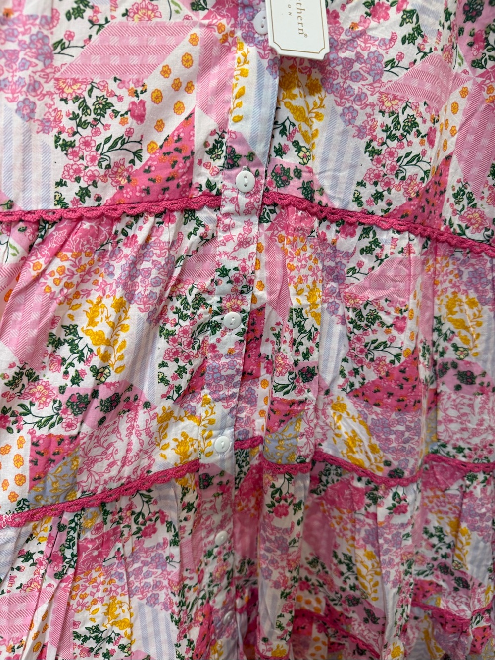 Simply Southern Pink Floral Patchwork Tiered Button Dress - Picture 7 of 8